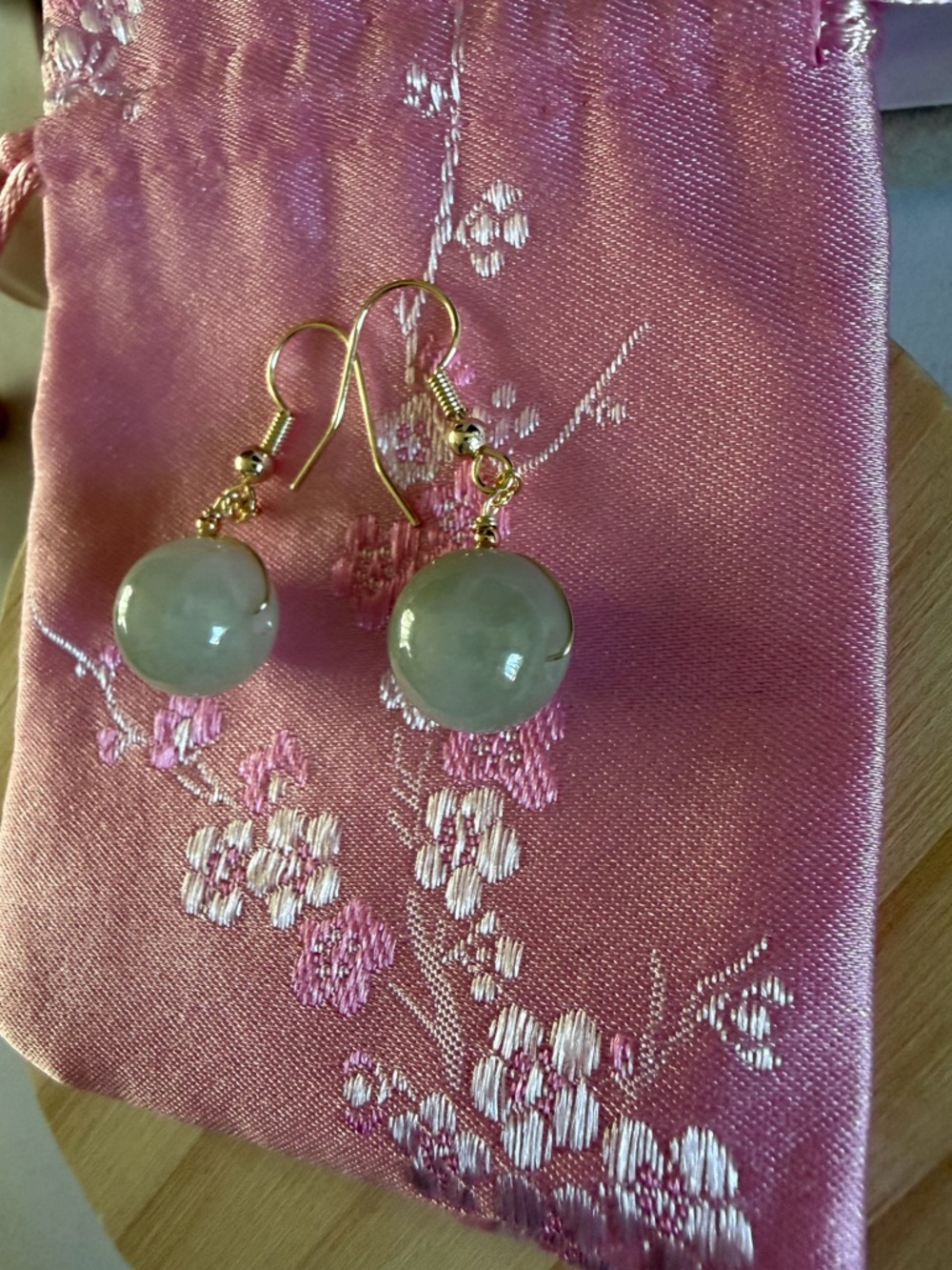 14K Gold Icy Light Jade Earrings - Picture 7 of 8
